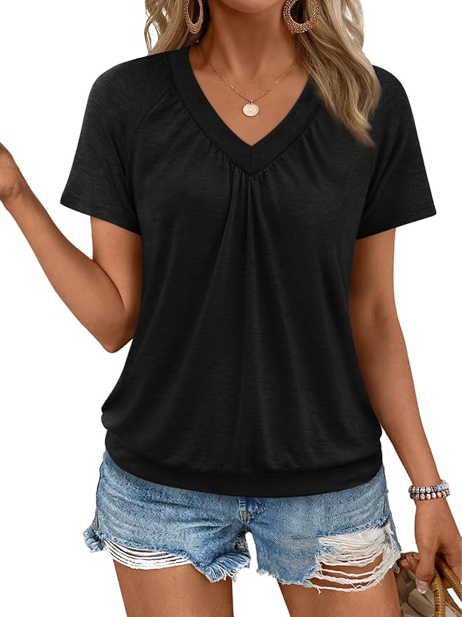 AUTOMET Womens Tops Short Sleeve V Neck T Shirts 2026 Summer Spring Beach Vacation Clothes Casual Loose Ruched Top
