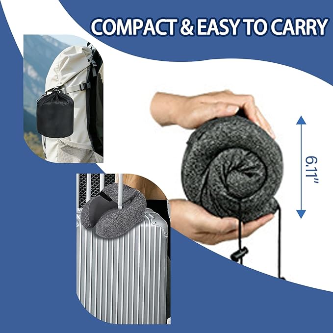 Travel Neck Pillow with Hood Memory Foam Sleeping Airplane Pillows Long Flight Neck Support Plane Essentials Grey