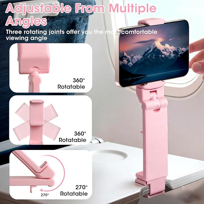 Airplane Phone Holder, Foldable Phone Holder for Airplane Seat Back Luggage Pole Desk 360° Rotation for Multi-Directional Viewing, Travel Essentials Holds Cell Phones (Black & Pink 2pcs)