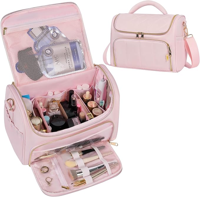 GR69N Travel Toiletry Bag Large Cosmetic Makeup Bag Organizer for Women,Wide-open Make Up Bag Waterproof Makeup Case Travel Bag with Handle and Dividers for Toiletries,Essentials,Accessories,LT Pink