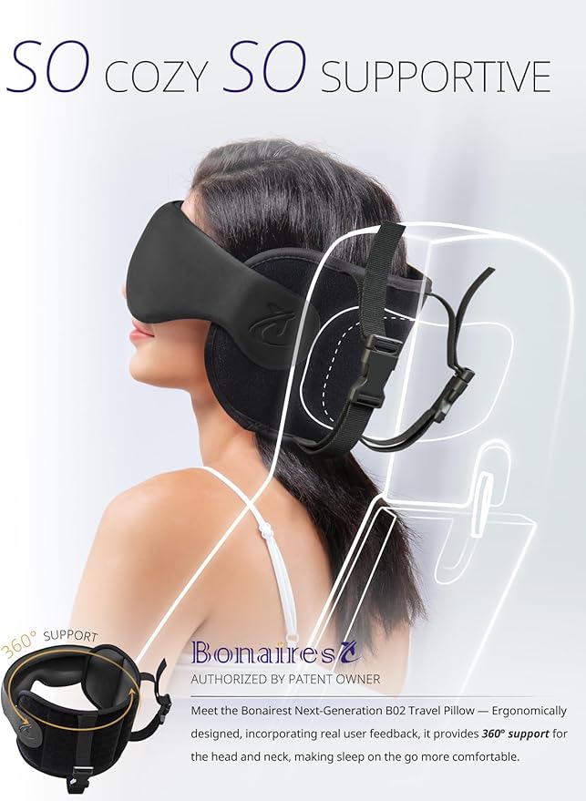 Travel Pillow, Airplane Neck Pillow with 3D Eye Mask for Sleeping, Round Edge Plane Head Strap 360°Headrest Support for Long Flight, Stop Bobblehead, Travel Essential for Car Road Trip Black