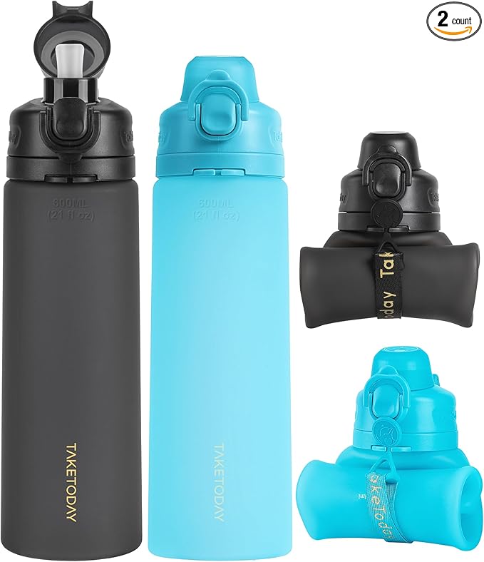 TakeToday Collapsible Water Bottles 21oz (600mL), Foldable Platinum Silicone Travel Water Bottle with Straw & Carry Strap, Leak-Resistant Screw Lid, Wide Mouth, BPA-Free for Hiking, Camping, Travel
