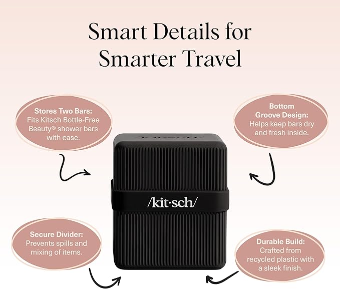 Kitsch 2-Compartment Travel Soap Case – Bar Soap Holder & Organizer, Travel Case for Bars – TSA-Approved – Lightweight, Durable, Leak-Proof, Made from Recycled Plastic – Black