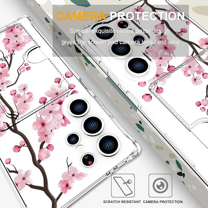 Compatible with Samsung Galaxy S24 Ultra Case Card Holder for Women Cute Design,Wallet Phone Cases Transparent Cool Kawaii Protective (Clear Sakura Peach Cherry)
