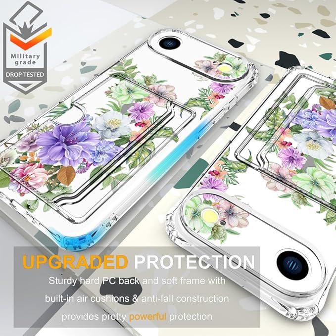 Compatible with iPhone 17 Air Case Card Holder for Women Cute Design,Wallet Phone Cases Transparent Cool Kawaii Protective (Clear Impressive Flowers)