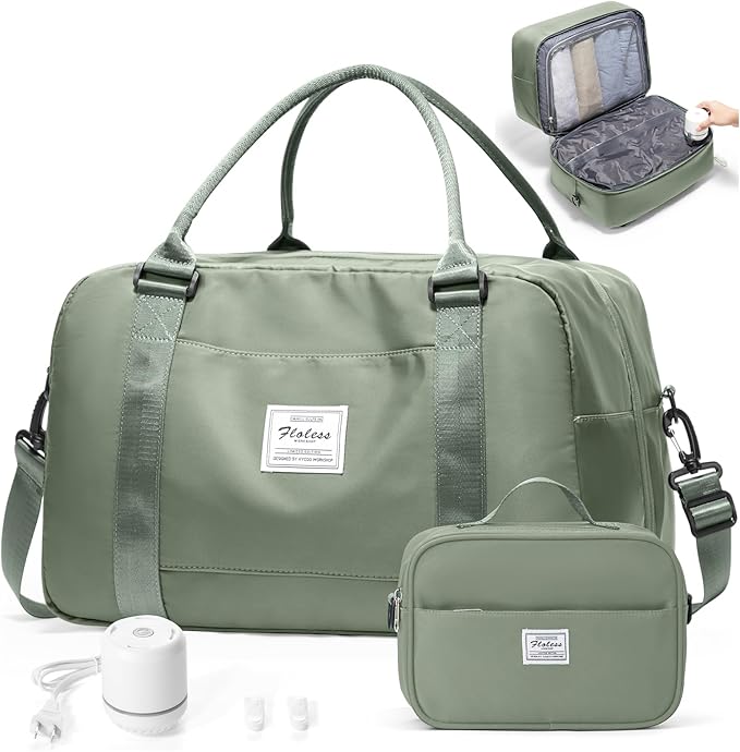 Vacuum Travel Bag for Women with Air Pump, Personal Item Carry on Bags with Seal Compression Pocket for Airlines, Weekender Overnight Bag for Women with Toiletry Bag，Green