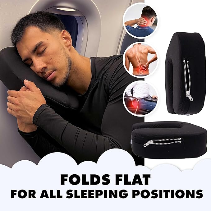 Travel Neck Pillow – Ultra Lightweight & Comfortable Memory Foam with Zipper Storage for Airplane, Car & Home Travel Accessory for Head & Neck with Cooling, Breathable & Washable Fabric (Black)