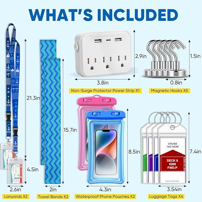 Cruise Essentials 2026,Cruise Must Haves Kit,Non-Surge Protector Power Strip,Magnetic Hooks,Lanyards,Luggage Tags,Towel Bands,Waterproof Phone Pouches,Travel Essentials