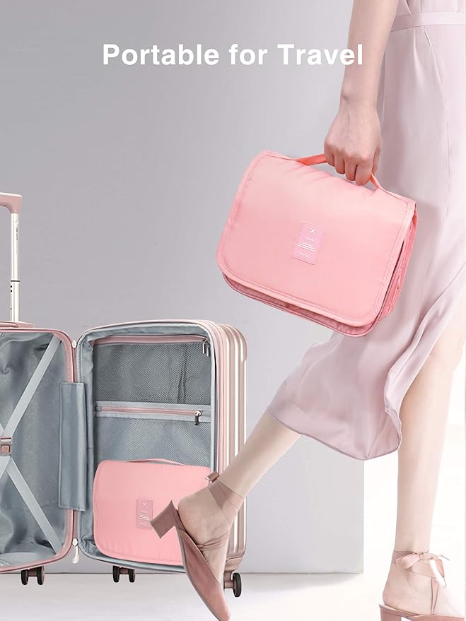 Luxtude Hanging Toiletry Bag for Women with Hanging Hook, Water-resistant Traveling Toiletries Bag, Portable Toiletry Travel Organizer Bag for Toiletries, Shower, Bathroom, Cosmetics Accessories-Pink