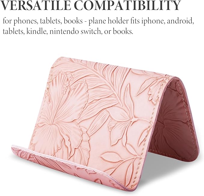 Airplane Travel Essentials for Flying Flex Flap Cell Phone Holder & Flexible Tablet Stand for Desk, Bed, Treadmill, Home & in-Flight Airplane Travel Accessories(1-Carved Pink)