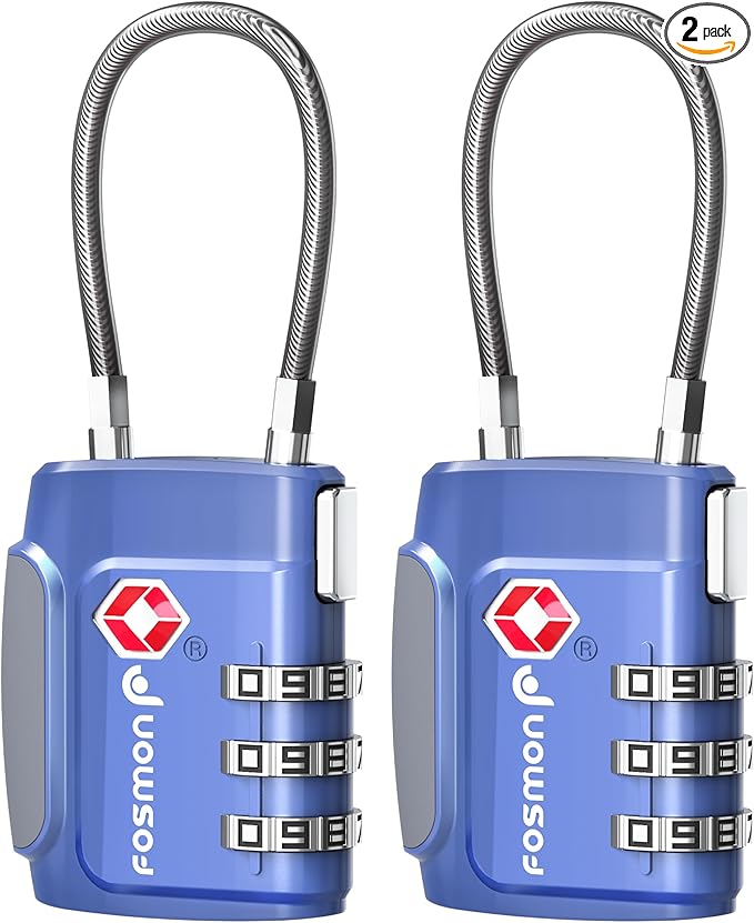 Fosmon TSA Approved Cable Locks for Luggage, Suitcase Locks with Push Release Button, 3 Digit Long Shackle Combo Wire Locks for Backpack, Gym Locker