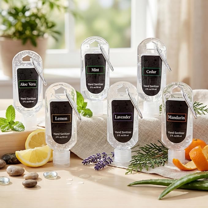 6 Pcs Mini Hand Sanitizer Travel Size with Carabiner Clip 2 Fl. oz Gel Mix Scent Pocket Hand Sanitizer with Keychain Bulk for Backpack Purse Gym Bag Office Outdoor Friend Coworker Travel Gifts