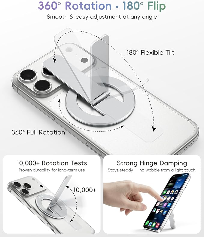 Magtame Magnetic Phone Stand Grip, 3-in-1 for MagSafe Phone Holder & Kickstand, Durable Silver Aluminum Grip, Ultra-Slim 2mm, 360° Rotation, Detachable for MagSafe Charging, Works with iPhone 17–12