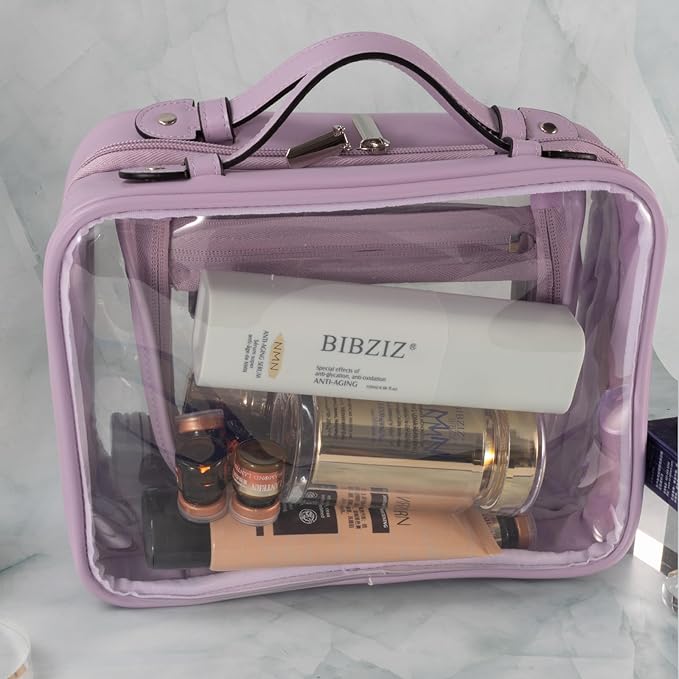 SANHECUN traveling toiletry bag clear cosmetics case makeup bag Dimensions | LxWxH:10” x 4.5” x 7.5” (Purple, Medium)