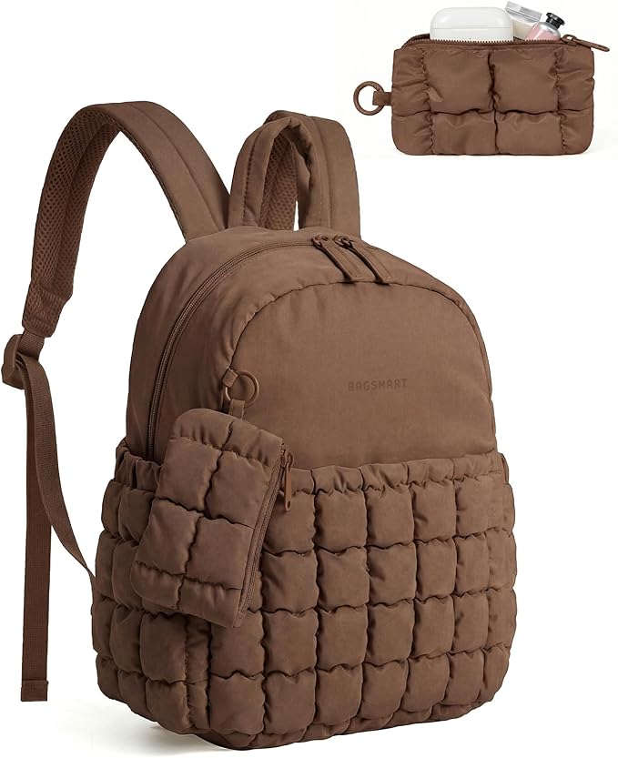 BAGSMART Mini Backpacks for Women, Puffy Checkered Quilted Small Backpack with Pouch, Lightweight Daypack Purse, Water-Resistant Bookbag for Daily Travel College, 2-in-1 Set, Coffee Brown