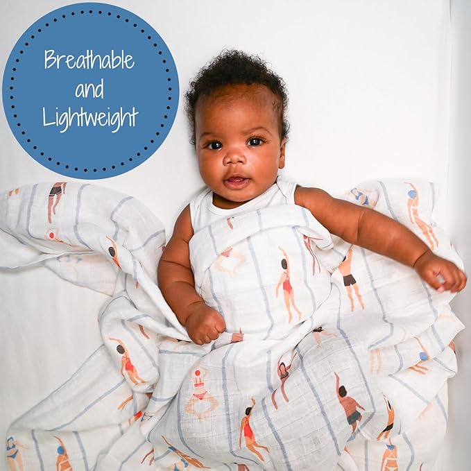 LollyBanks Swaddle Blanket, 100% Cotton Muslin, Soft Baby Blanket 47 x 47 Inches, Neutral for Boys & Girls, Registry (Swimming/Sports Print)