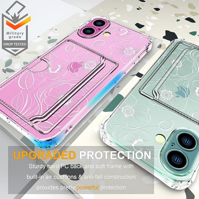 Compatible with iPhone 16 Case Card Holder for Women Cute Design,Wallet Phone Cases Transparent Cool Kawaii Protective (Clear Seamless Abstract Flower)