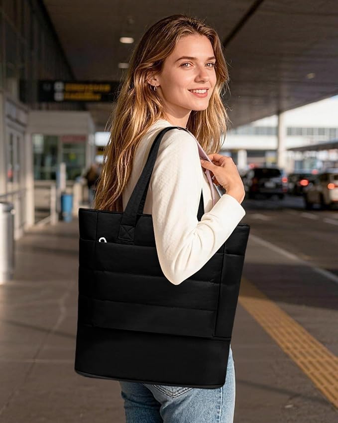 Expandable Puffer Tote Bag with Zipper for Women, Lightweight 15.6 Inch Laptop Work Tote Bag, Large Travel Tote Bags | Luggage strap, Lightweight, For 15.6 inch Laptop, Expandable, Multi-Compartments