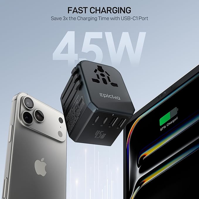 EPICKA Universal Travel Adapter GaN 45W, European Travel Plug Adapter with PD&QC Fast Charging(2 USB-A & 3 USB-C Ports) - Worldwide Travel Essentials, International Power Adapter for UK/US/AU