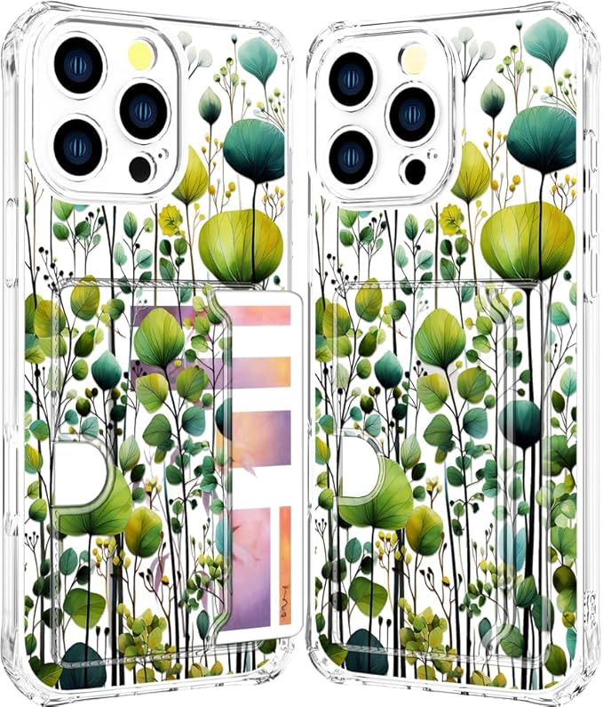 Compatible with iPhone 16 Pro Case Card Holder for Women Cute Design,Wallet Phone Cases Transparent Cool Kawaii Protective (Clear Green Flower Leaves Buds)