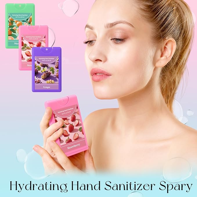 Set of 3 Power Mist Hydrating Hand Sanitizer Spray Bulk Travel Size Refreshing Hand Sanitizer 0.67 Fl. oz Compact Card Spray Bottle Grape Mandarin Strawberry Scent for Mother's Day Women Gifts