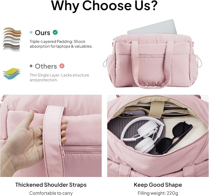 TOPEAST Weekender Bag for Women, Lightweight Puffer Travel Duffle Carry On Bag with Wet Pocket & 40oz Tumbler Pocket, Airline Approved Personal Item Overnight Bag, Pink