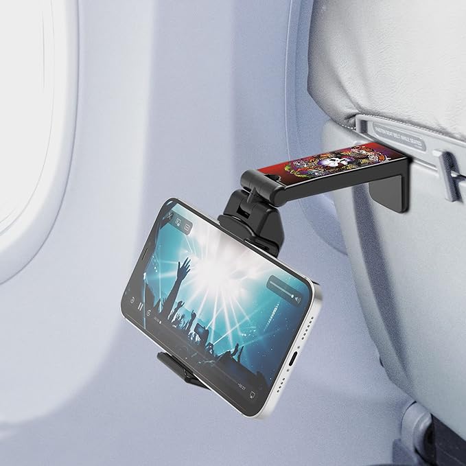 Beyond Cell Travel Accessories, Universal Seat Back Tray Table Hands Free Phone Clip Holder, Adjustable Pocket Size Airplane Travel Essentials Compatible with iPhone and Android Love Hurt Skull