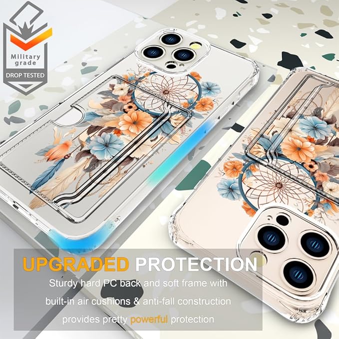 Compatible with iPhone 16 Pro Case Card Holder for Women Cute Design,Wallet Phone Cases Transparent Cool Kawaii Protective (Clear Dreamcatcher Dream Cather)