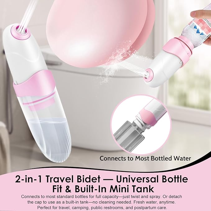 Portable Bidet for Travel Mini Handheld Bottle-Ready Jet Sprayer, Type-C Rechargeable with Gentle & High-Pressure Modes, On-The-Go Camping Toilet Hygiene for Women, Men & Babies（Pink）