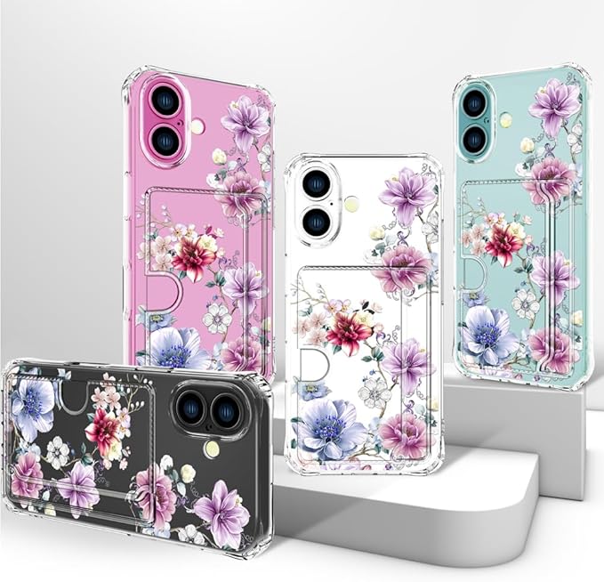 Compatible with iPhone 16 Plus Case Card Holder for Women Cute Design,Wallet Phone Cases Transparent Cool Kawaii Protective (Clear Wonderful Large Flowers)