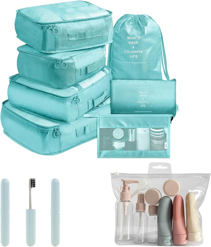 11 Set Packing Cubes for Travel,Gifts for Women Mom,Anti-Tearing Suitcase Organizer for Luggage with Shoe & Hanging Toiletry Bag, Toiletries Travel Bottles, 3 Portable Toothbrush Cases, Green