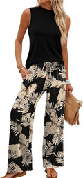 WIHOLL Two Piece Set for Women Summer Spring Outfits Cruise Travel Airport Beach Vacation Mock Neck Wide Leg Pants Set