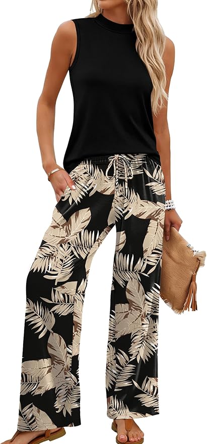 WIHOLL Two Piece Set for Women Summer Spring Outfits Cruise Travel Airport Beach Vacation Mock Neck Wide Leg Pants Set