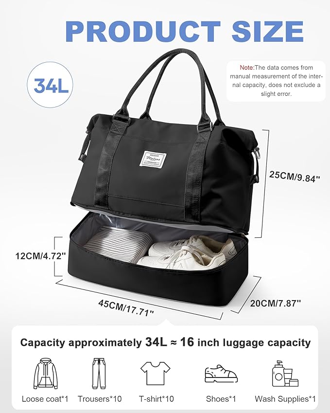 Travel Duffel Bag, 18x14x8 Inches Travel Bag Spirit with Shoes Compartment, Weekender Overnight Bag for Women with Trolley Sleeve, Carry On Bag for Airplanes Sport Tote Gym Bag Black