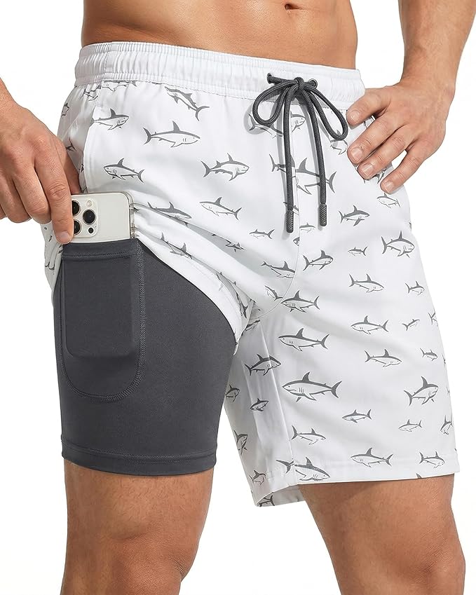 7 Inch Men Swim Trunks with Compression Breathable Liner Quick Dry Zipper Pockets for Pool Board Beach Cruise