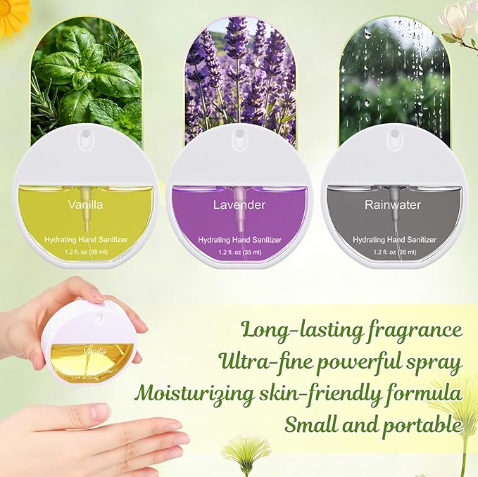 3 Pcs Power Mist Hydrating Hand Sanitizer Spray Bulk Travel Size Hand Sanitizer Pocket 1.2 oz Circular Spray Bottle for Daily Use Mother's Day Employee Staff Teacher Nurse Appreciation Gifts