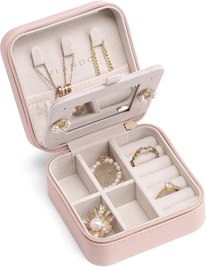 Vlando Valentines Day Gifts for Her- Small Travel Jewelry Box Organizer -Jewelry Display Case for Girls Women Bridesmaid Gift Rings Earrings Necklaces Storage with Mirror Pink
