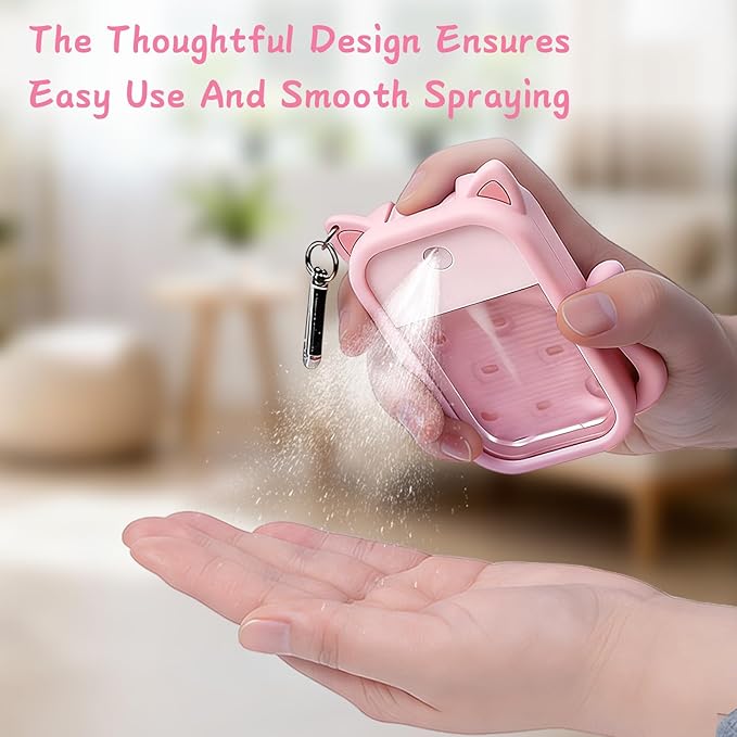 Cat Silicone Case with Keychain & 6 Accessories, Compatible with Touchland Hand Sanitizer Spray Power Mist 1 FL OZ/30ML, Featuring Croc-Style Decorative Holes (Pink)
