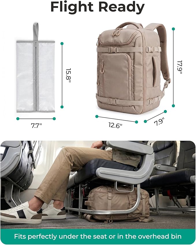 BAGSMART 40L Travel Backpack for Women & Men Fits 17-Inch Laptop, Airline Approved Carry On Backpack with Wet Pocket & Shoe Pouch, Water-Resistant Personal Item Travel Bag, Camel