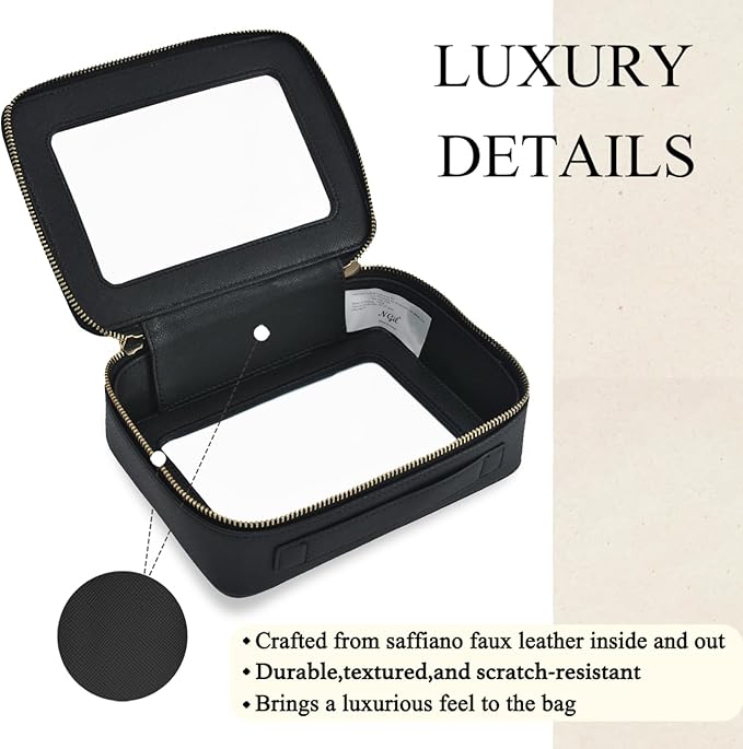 NGIL Clear Faux Leather Travel Toiletry Bag, Makeup Bag Organizer for Women, Clear Window & Gold Zipper Makeup Bag, Road Trip Essential, Skincare, Cruise Ship Essentials (Black)
