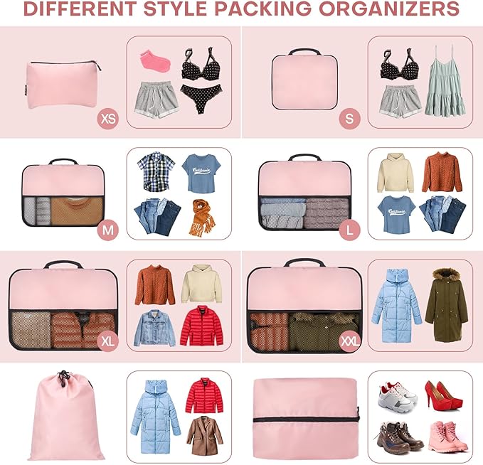 SDGFUI 8 PCS Compression Packing Cubes for Travel Women, Compression Bags Organizer for Luggage Space Saving Travel Essentials and Carry on, Luggage Organizer Bags for Suitcase - Pink