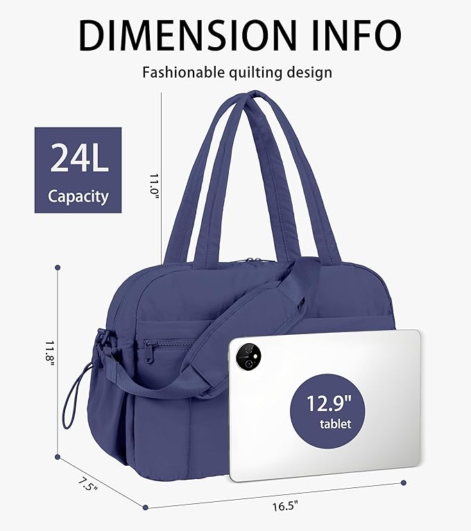 Lightweight Travel Duffle Bag for Women, Quilted Puffy Weekender with Wet Pocket for Gym, Overnight, Personal Item Carry On, Blue-Purple