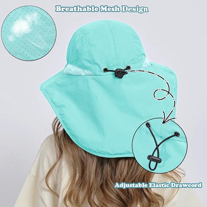 Outdoor Kids Sun Hat with Neck Flap UPF 50+ Quick Dry Beach Hats for Baby Boys Girls Age 2-12 Years Adjustable