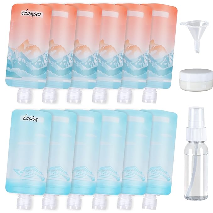 PACKISM 15 Pack Travel Pouches for Toiletries, 3 oz TSA Approved Liquid Containers, Leak Proof Squeeze Bags for Cruise & Camping, Space Saving Refillable Carriers, Colorful Mountain Cruise Ship