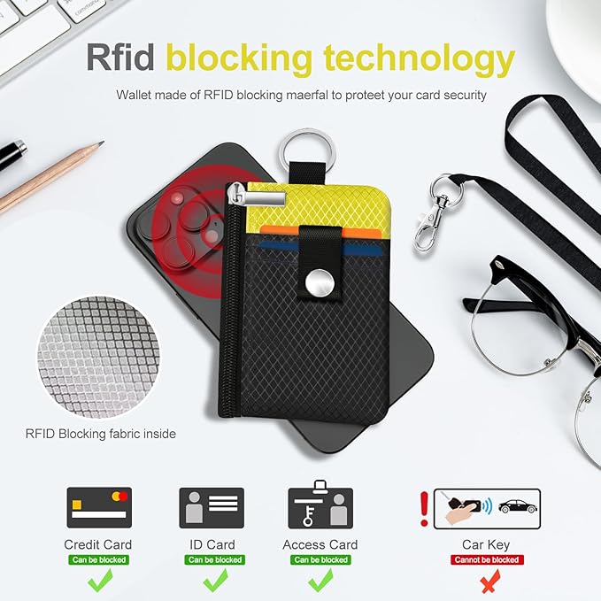 Minimalist RFID Blocking Small Wallet with ID Window,WaterResistant Zip Id Case Wallet with Lanyard Keychain for Cards,Cash,Travel,Women,Men (Black/Lemon Yellow)