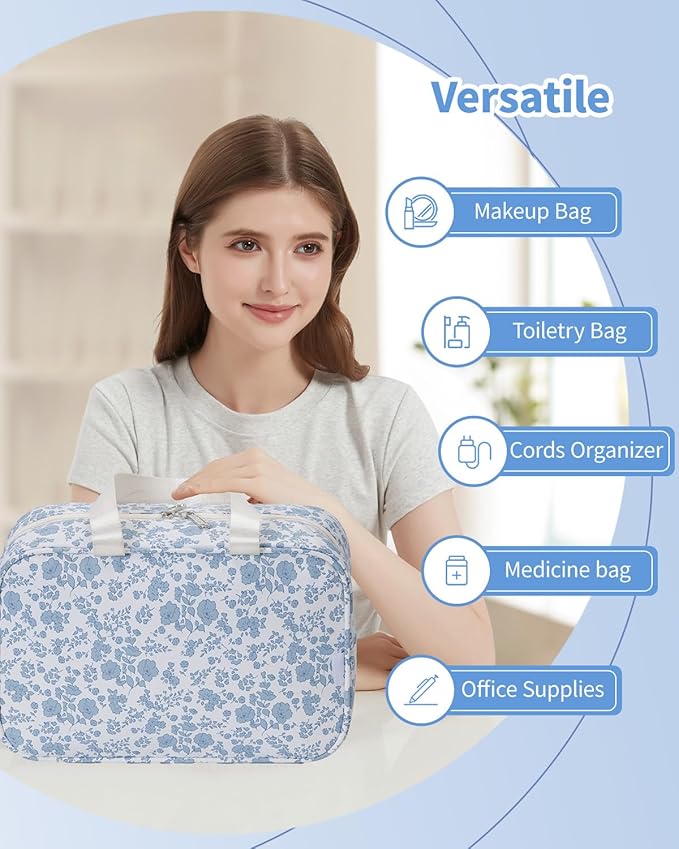 Narwey Full Size Toiletry Bag Women Large Cosmetic Bag Travel Floral Makeup Bag Organizer Medicine Bag for Toiletries Essentials Accessories (Blue Flower,Large)