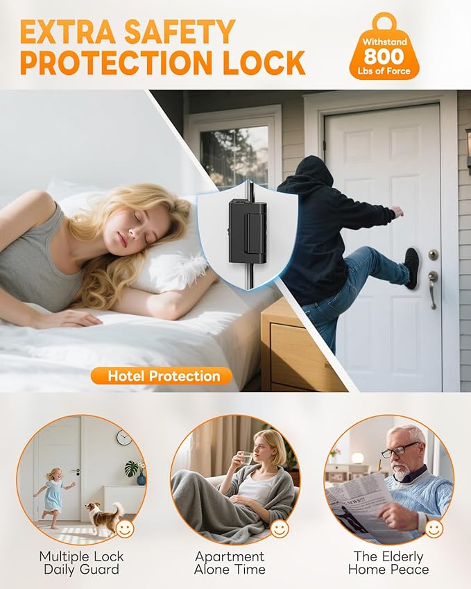 Portable Door Lock for Travel, Adjustable No Drilling Door Reinforcement Lock, Extra Latch Stopper for Hotel Room, Home Apartment, Inward Swing Door - Family & Travelers Security (Black-2PCS)