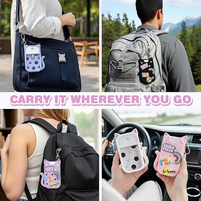 Silicone Case Holder Compatible with Hand Sanitizer Spray Touchland 1 fl oz, Cute Cat Ear Protective Case with Keychain & 4 Decorative Charms (White, 1P)