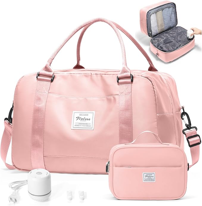 Vacuum Travel Bag for Women with Air Pump, Personal Item Carry on Bags with Seal Compression Pocket for Airlines, Weekender Overnight Bag for Women with Toiletry Bag，Pink