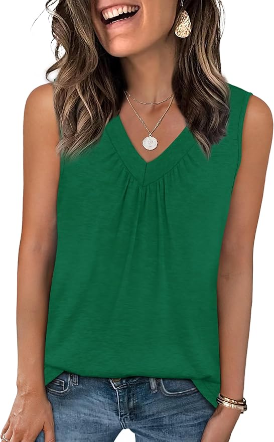 OFEEFAN Tank Top for Women Loose Fit Sleeveless Shirts V Neck Summer Clothes Ruched Women's Tees and Tanks Curved Hem